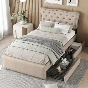 Gestoffeerd bed 90×200 cm in donkerbeige stof met lades – Gestoffeerd hoofdbord met decoratieve spijkers