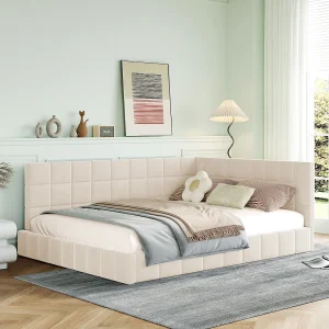 Gestoffeerde slaapbank 140×200 cm multifunctioneel in beige fluweel met lattenbodem Gestoffeerde slaapbank 140×200 cm multifunctioneel in beige fluweel met lattenbodem