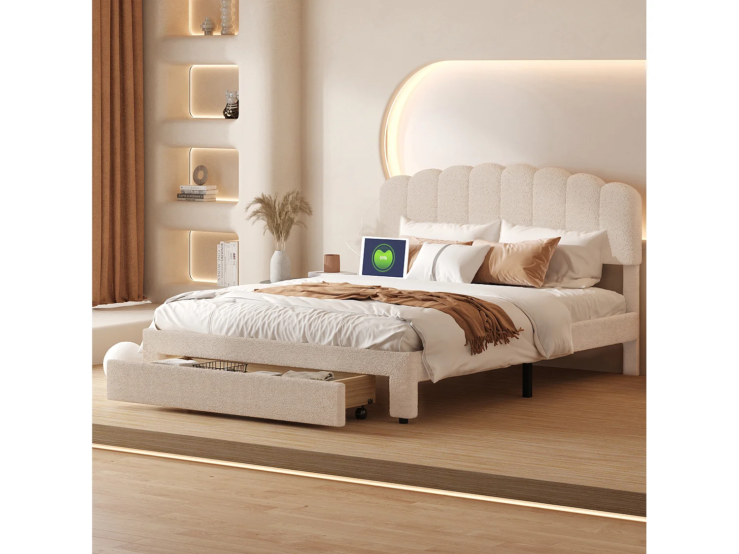 Gestoffeerd tweepersoonsbed 140x200cm met USB en grote lades - sherpa stof - met lattenbodem - Beige