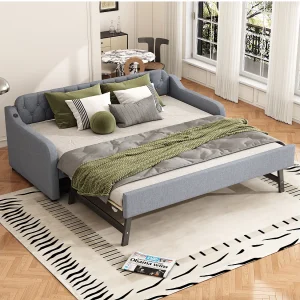 Grijze slaapbank 90×200 cm met uitschuifbaar bed en USB-aansluiting – Multifunctioneel logeerbed