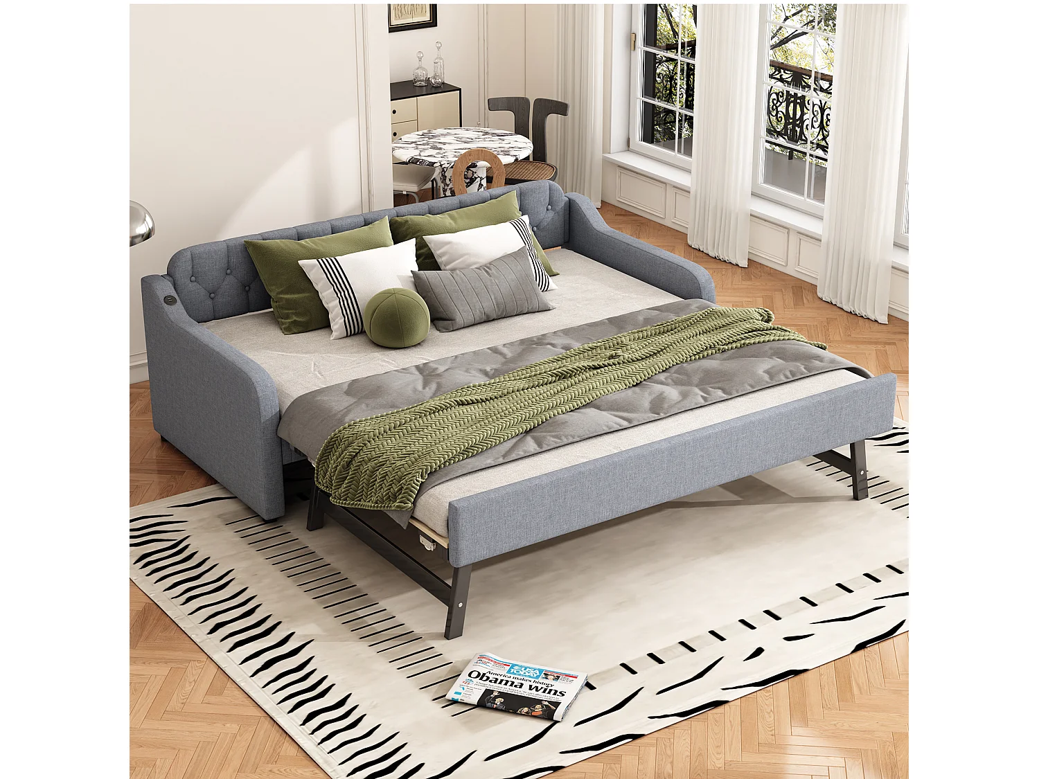 Grijze slaapbank 90x200 cm met uitschuifbaar bed en USB-aansluiting – Multifunctioneel logeerbed
