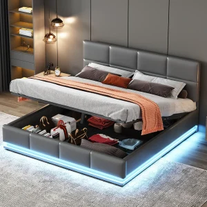 Gestoffeerd bed 160×200 cm grijs met ledverlichting, metalen lattenbodem, hydraulische opbergbox, in hoogte verstelbaar hoofdeinde (zonder matras)