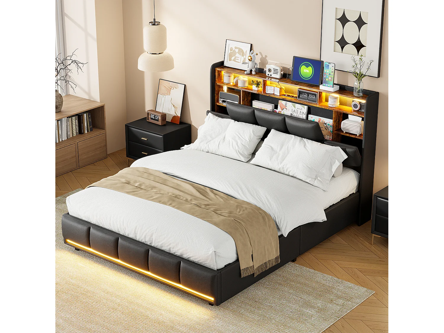 Gestoffeerd bed 140 x 200 cm met USB en stopcontacten, kinderbed met lattenbodem en opbergruimte, opbergbed met LED, kunstleer, zwart