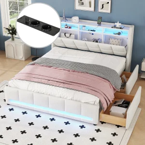Gestoffeerd bed 140×200 cm met LED-verlichting aangestuurd door APP-afstandsbediening, lades, geïntegreerde elektrische en USB-aansluitingen, beige linnen stof