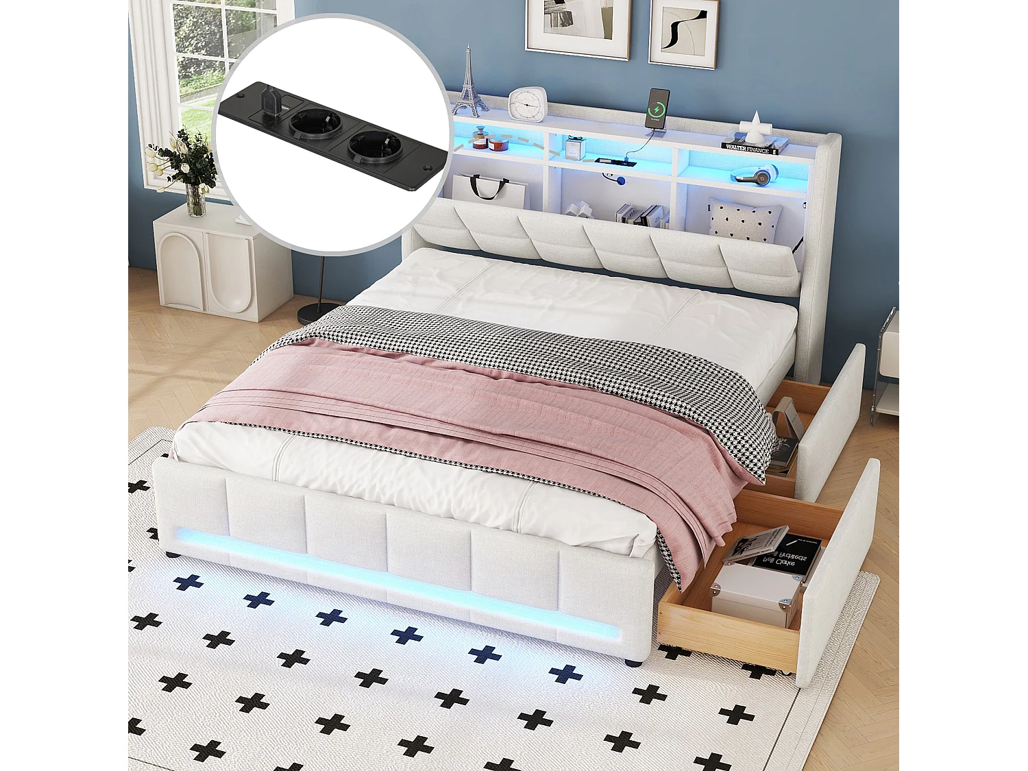 Gestoffeerd bed 140x200 cm met LED-verlichting aangestuurd door APP-afstandsbediening, lades, geïntegreerde elektrische en USB-aansluitingen, beige linnen stof
