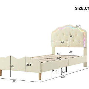 Gestoffeerd bed, golvend koord hoofdbord, met multi-color veranderende LED-strips, kinderbed met houten lattenbodem, eenpersoonsbed, PU, wit, 90x200cm Gestoffeerd bed, golvend koord hoofdbord, met multi-color veranderende LED-strips, kinderbed met houten lattenbodem, eenpersoonsbed, PU, wit, 90x200cm