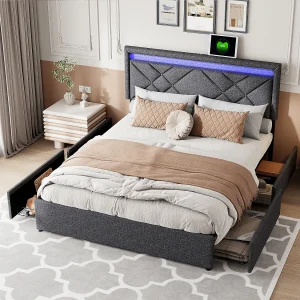 Gestoffeerd bed Tweepersoonsbed 140x200cm met 4 lades met LED en USB Gestoffeerd bed Tweepersoonsbed 140x200cm met 4 lades met LED en USB