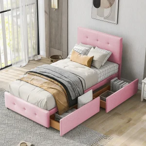 Gestoffeerd bed 90×200 cm met lattenbodem, rugleuning en 2 lades, zachte beige stof, vlak bed voor kinderen, tieners of gasten, kleur roze