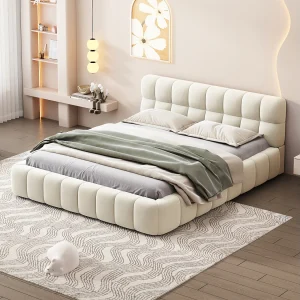 Gestoffeerd bed 140×190 cm, junior tweepersoonsbed, zachte rugleuning, lattenbodem, beige linnen. Gestoffeerd bed 140×190 cm, junior tweepersoonsbed, zachte rugleuning, lattenbodem, beige linnen.