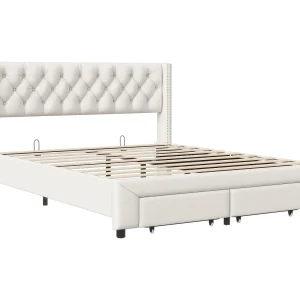 Gestoffeerd bed 160×200 cm met opberglades, tweepersoonsbed met USB- en LED-aansluiting, fluweel, beige