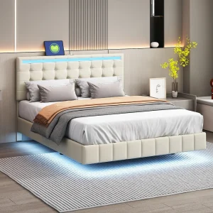 Gestoffeerd bed met LED-lampen voor volwassenen – zwevend bedframe met lattenbodem en hoofdbord met 2 USB-poorten – beige 140x200cm Gestoffeerd bed met LED-lampen voor volwassenen – zwevend bedframe met lattenbodem en hoofdbord met 2 USB-poorten – beige 140x200cm