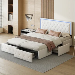 Gestoffeerd tweepersoonsbed 160x200cm met 4 lades en LED-verlichting Gestoffeerd tweepersoonsbed 160x200cm met 4 lades en LED-verlichting
