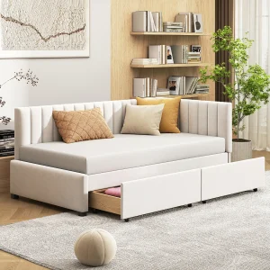Gestoffeerde slaapbank 90×200 cm beige multifunctioneel met 2 grote opbergladen en lattenbodem Gestoffeerde slaapbank 90×200 cm beige multifunctioneel met 2 grote opbergladen en lattenbodem