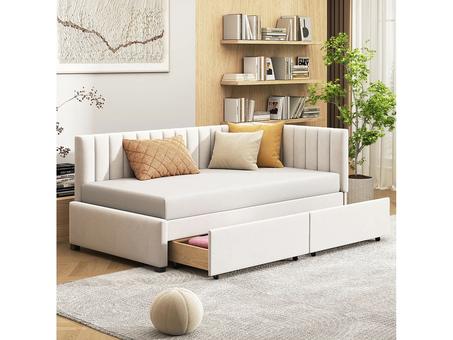 Gestoffeerde slaapbank 90x200 cm beige multifunctioneel met 2 grote opbergladen en lattenbodem