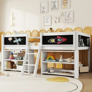 Halfhoogslaper 90×200 cm, diverse geïntegreerde legplanken, uitvalbeveiliging, ladder, grenen, zonder matras, minimalistische stijl, wit Halfhoogslaper 90×200 cm, diverse geïntegreerde legplanken, uitvalbeveiliging, ladder, grenen, zonder matras, minimalistische stijl, wit