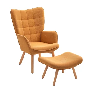 Fauteuil met voetenbankje in corduroy, houten poten, bruin Fauteuil met voetenbankje in corduroy, houten poten, bruin