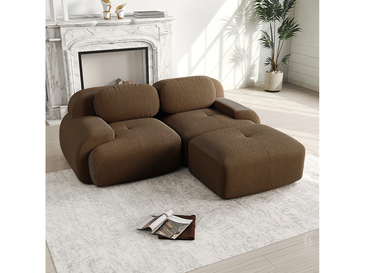 Hoekbank 2-zits modulair - in Ribfluweel - met 2 kussens en poef - ergonomisch - 208x178x70cm - Bruin