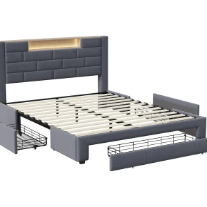 Gestoffeerd tweepersoonsbed 160×200 cm, opbergbed met 3 lades, met USB- en LED-aansluiting, fluweel, grijs Gestoffeerd tweepersoonsbed 160×200 cm, opbergbed met 3 lades, met USB- en LED-aansluiting, fluweel, grijs