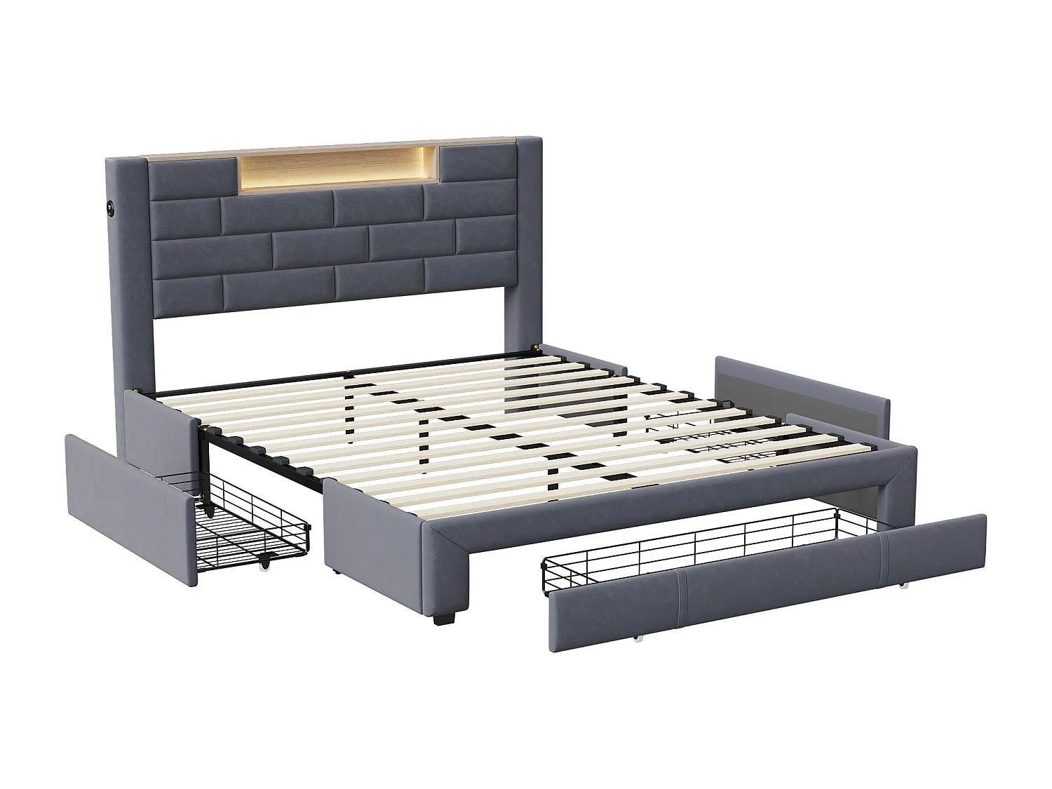 Gestoffeerd tweepersoonsbed 160x200 cm, opbergbed met 3 lades, met USB- en LED-aansluiting, fluweel, grijs
