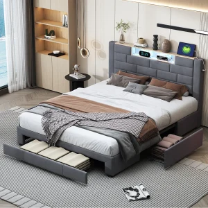 Gestoffeerd tweepersoonsbed 160×200 cm, opbergbed met 3 lades, met USB- en LED-aansluiting, fluweel, grijs Gestoffeerd tweepersoonsbed 160×200 cm, opbergbed met 3 lades, met USB- en LED-aansluiting, fluweel, grijs