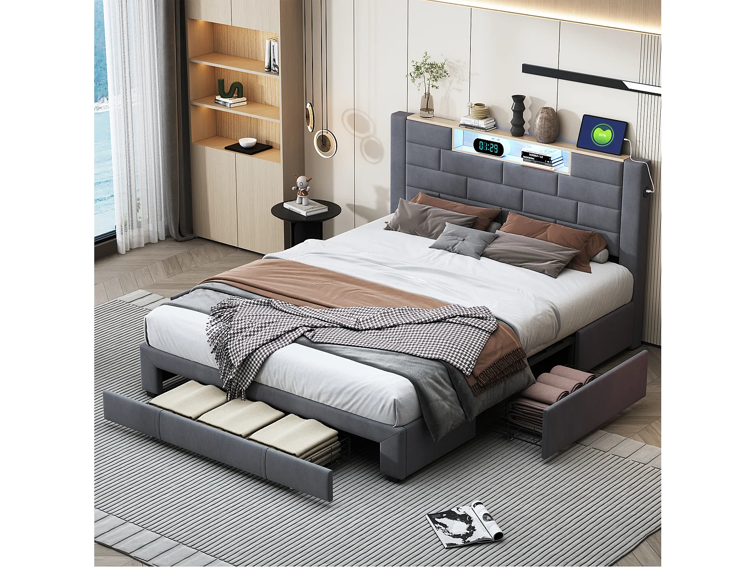 Gestoffeerd tweepersoonsbed 160x200 cm, opbergbed met 3 lades, met USB- en LED-aansluiting, fluweel, grijs