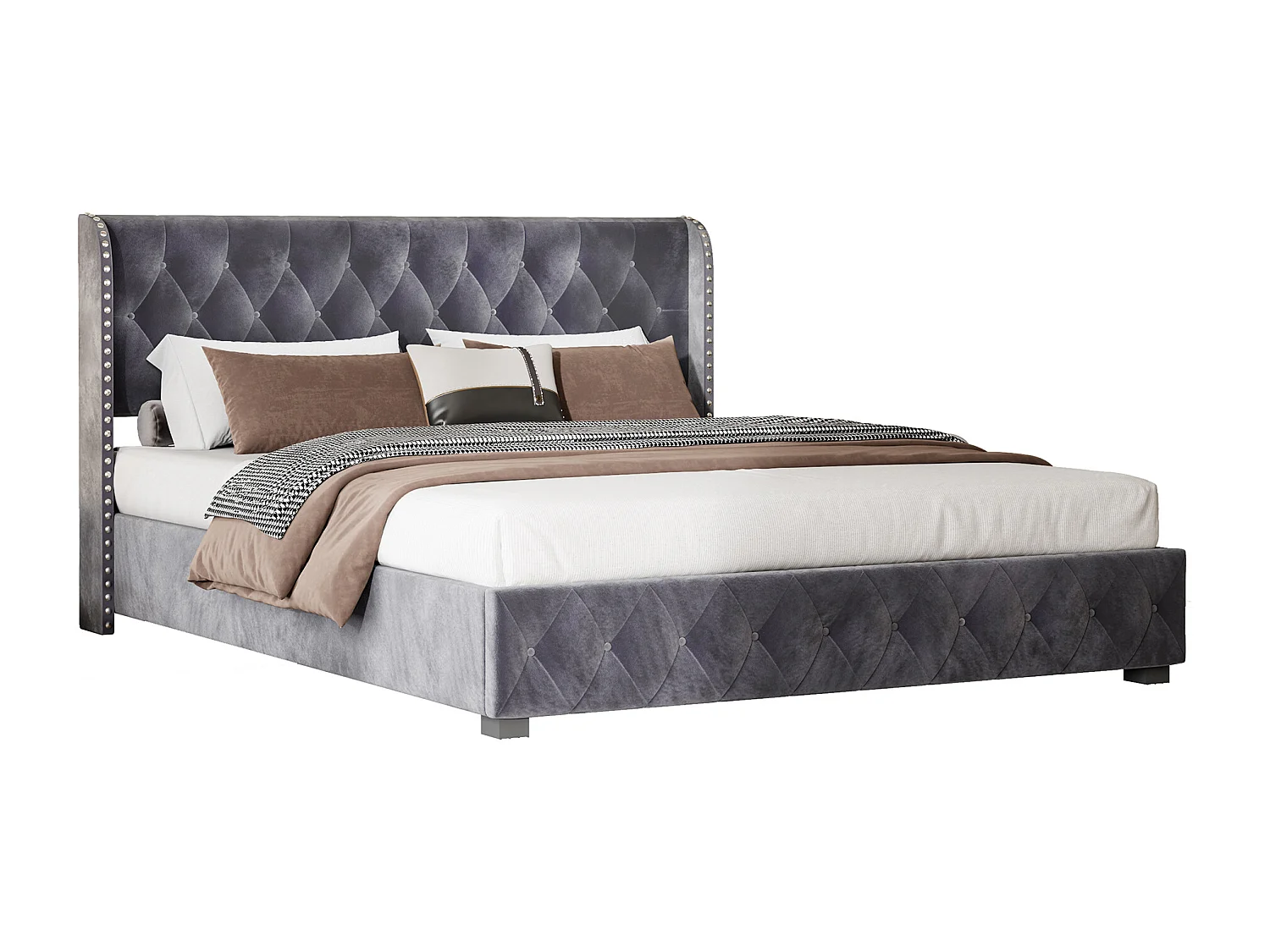 Gestoffeerd tweepersoonsbed 140x200 cm, opbergbed met lattenbodem en hoofdbord, fluweel, grijs