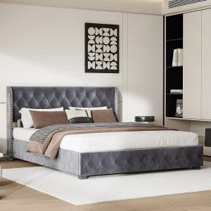 Gestoffeerd tweepersoonsbed 140×200 cm, opbergbed met lattenbodem en hoofdbord, fluweel, grijs Gestoffeerd tweepersoonsbed 140×200 cm, opbergbed met lattenbodem en hoofdbord, fluweel, grijs