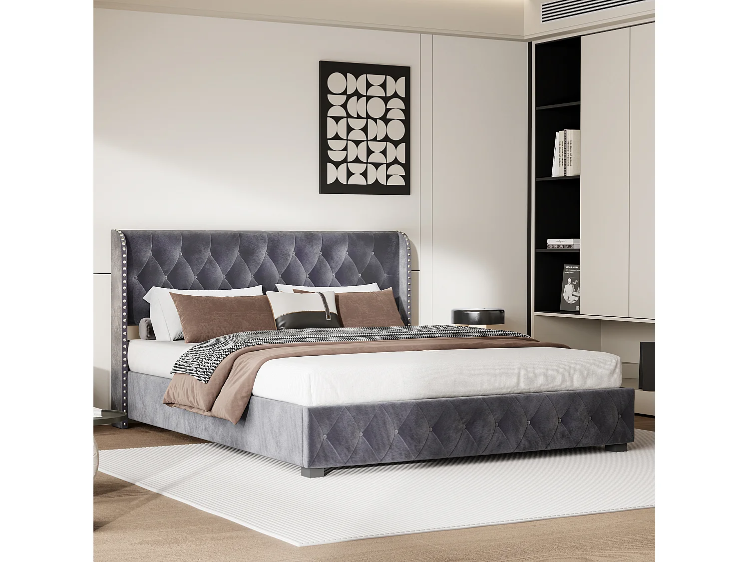 Gestoffeerd tweepersoonsbed 140x200 cm, opbergbed met lattenbodem en hoofdbord, fluweel, grijs
