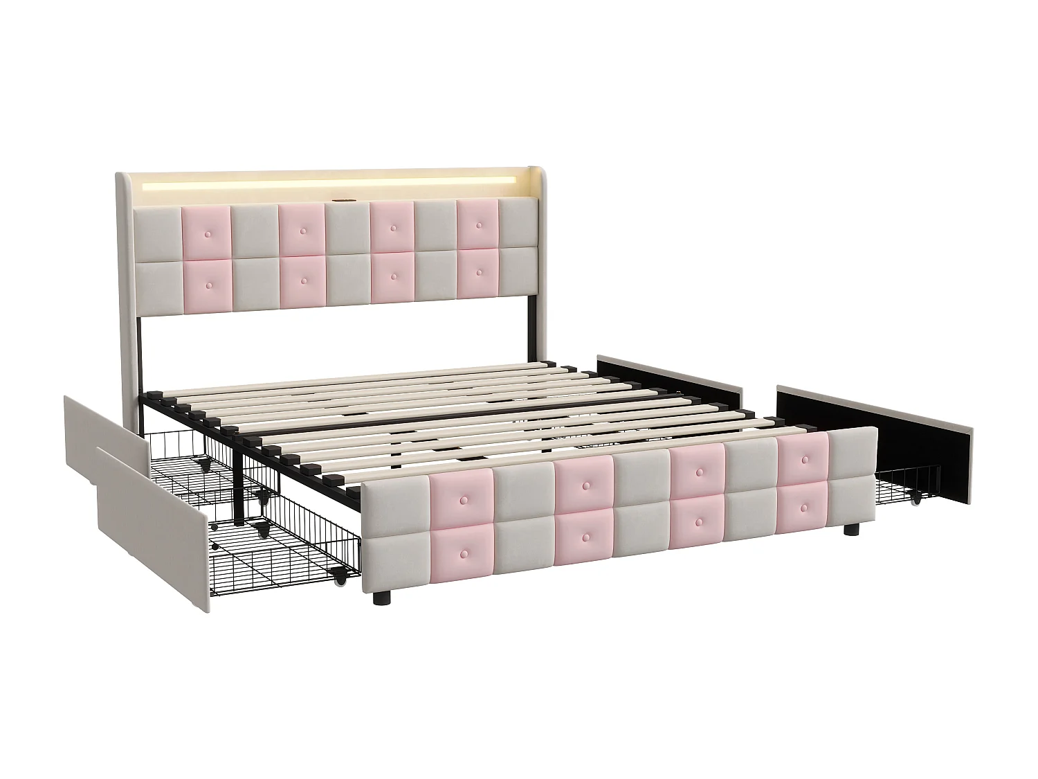 Gestoffeerd bed 160 x 200 cm met opbergruimte, USB-aansluiting en ledverlichting, met lattenbodem, wit