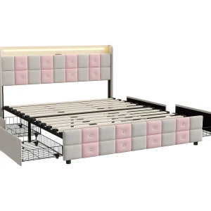 Gestoffeerd bed 140 x 190 cm met opbergruimte, USB- en LED-aansluiting, lattenbodem, wit Gestoffeerd bed 140 x 190 cm met opbergruimte, USB- en LED-aansluiting, lattenbodem, wit