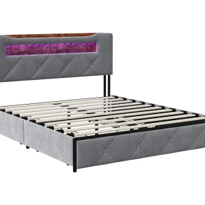 Gestoffeerd tweepersoonsbed, 140 x 200 cm, met ledverlichting, met 4 lades, met lattenbodem, grijs