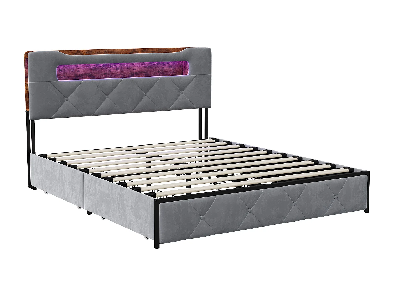Gestoffeerd tweepersoonsbed, 140 x 200 cm, met ledverlichting, met 4 lades, met lattenbodem, grijs