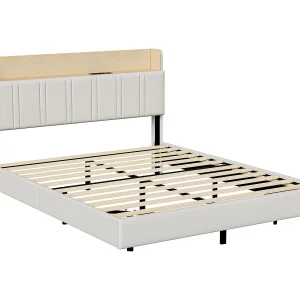 Gestoffeerd tweepersoonsbed 160 x 200 cm met LED, met lattenbodem en 2 stopcontacten & USB-aansluitingen, exclusief matras, wit Gestoffeerd tweepersoonsbed 160 x 200 cm met LED, met lattenbodem en 2 stopcontacten & USB-aansluitingen, exclusief matras, wit