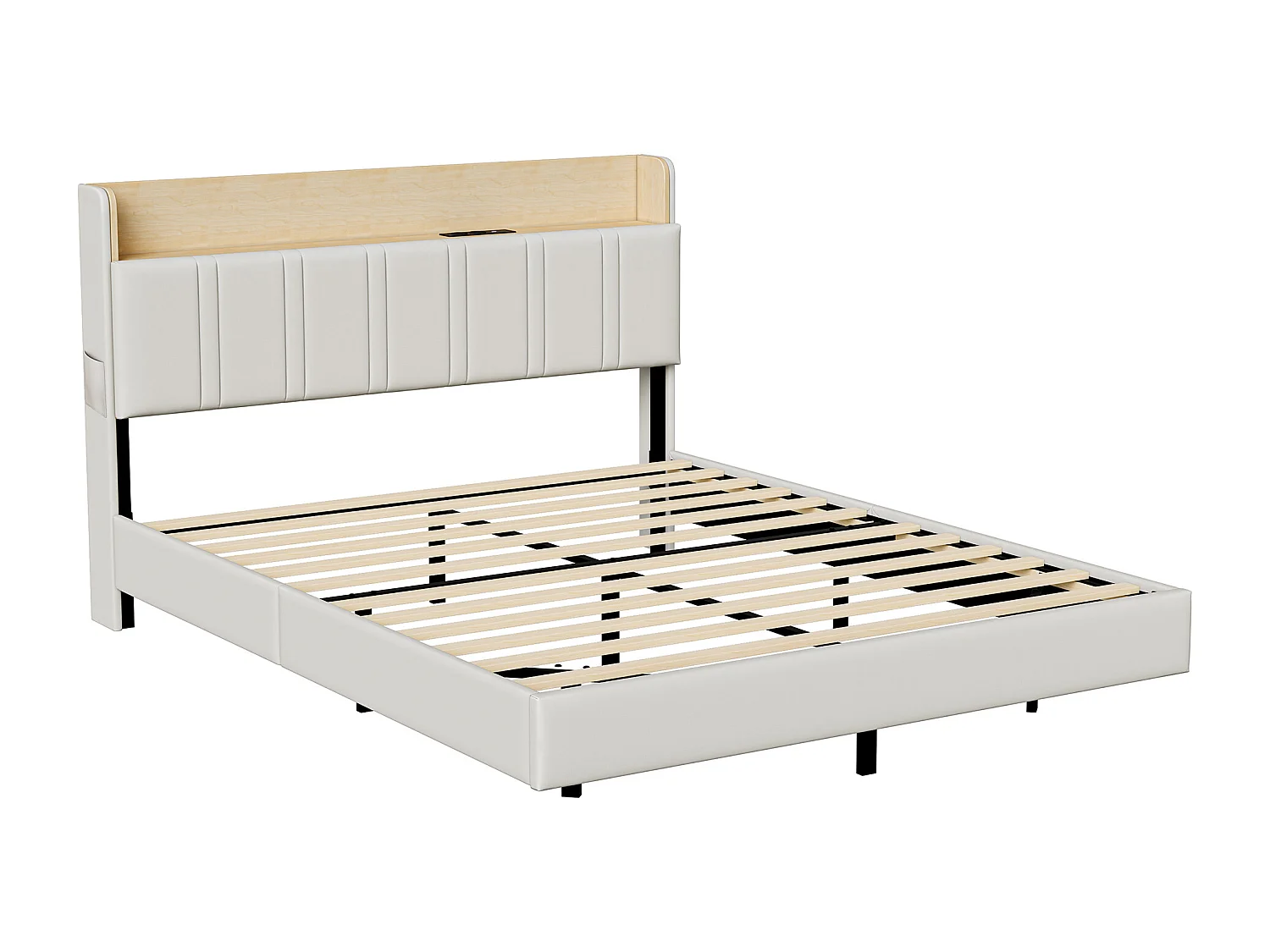 Gestoffeerd tweepersoonsbed 160 x 200 cm met LED, met lattenbodem en 2 stopcontacten & USB-aansluitingen, exclusief matras, wit