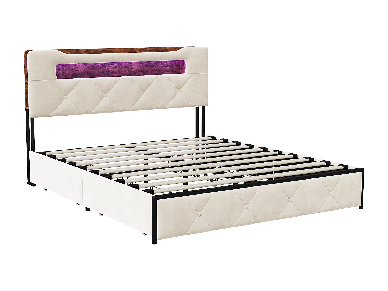 Gestoffeerd tweepersoonsbed, 140 x 200 cm, met ledverlichting, met 4 lades, met lattenbodem, beige