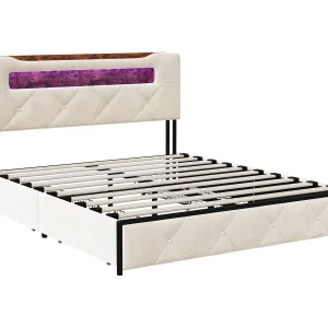 Gestoffeerd tweepersoonsbed, 140 x 190 cm, met ledverlichting, met 4 lades, met lattenbodem, beige Gestoffeerd tweepersoonsbed, 140 x 190 cm, met ledverlichting, met 4 lades, met lattenbodem, beige
