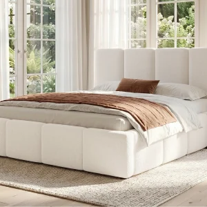 Gestoffeerd tweepersoonsbed 160×200 cm – met lattenbodem – Bouclé stof – Beige (zonder matras) Gestoffeerd tweepersoonsbed 160×200 cm – met lattenbodem – Bouclé stof – Beige (zonder matras)
