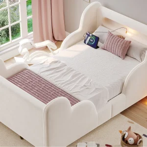 Gestoffeerd kinderbed 90×200 cm – met veiligheidshekken – poten van massief hout – fluwelen stof – beige (matras niet inbegrepen) Gestoffeerd kinderbed 90×200 cm – met veiligheidshekken – poten van massief hout – fluwelen stof – beige (matras niet inbegrepen)