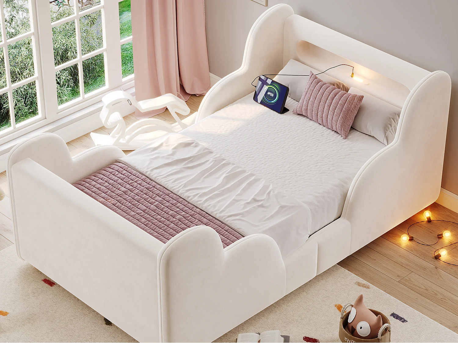 Gestoffeerd kinderbed 90x200 cm - met veiligheidshekken - poten van massief hout - fluwelen stof - beige (matras niet inbegrepen)