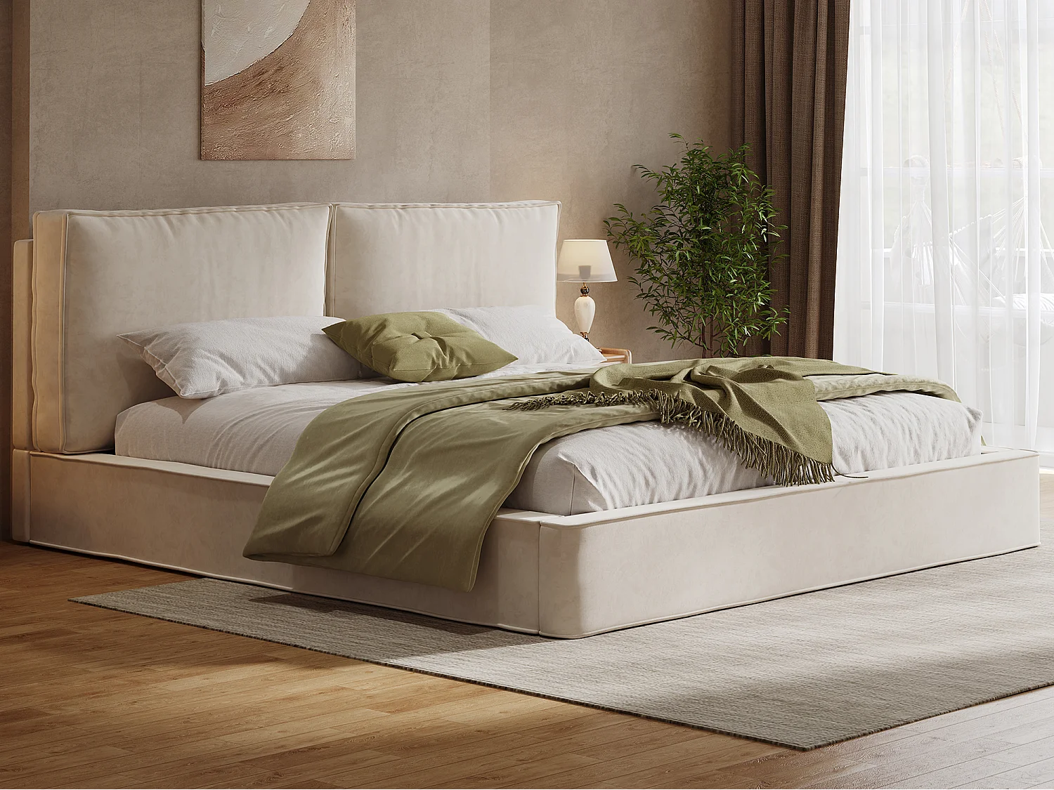 Gestoffeerd tweepersoonsbed 180x200 cm - met lattenbodem - chenillestof - beige (matras niet inbegrepen)