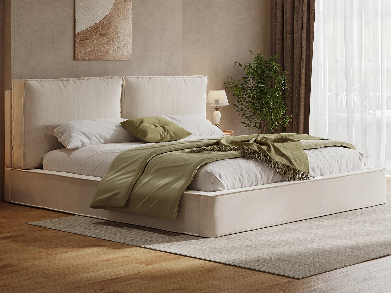 Gestoffeerd tweepersoonsbed 160x200 cm - met lattenbodem - chenillestof - beige (matras niet inbegrepen)