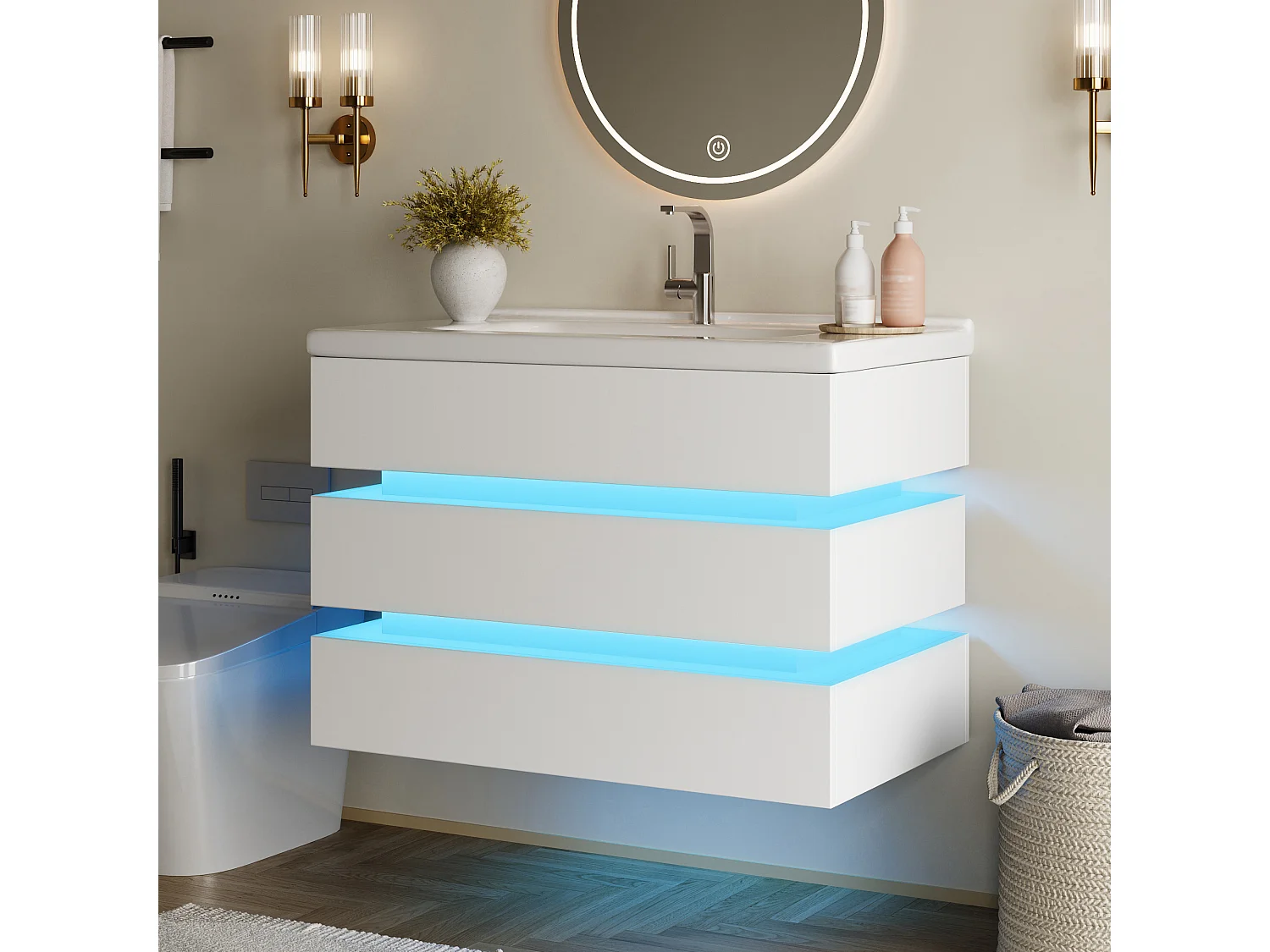 Hangend badkamermeubel 80cm met LED, met keramische wastafel en soft-close lades - wit