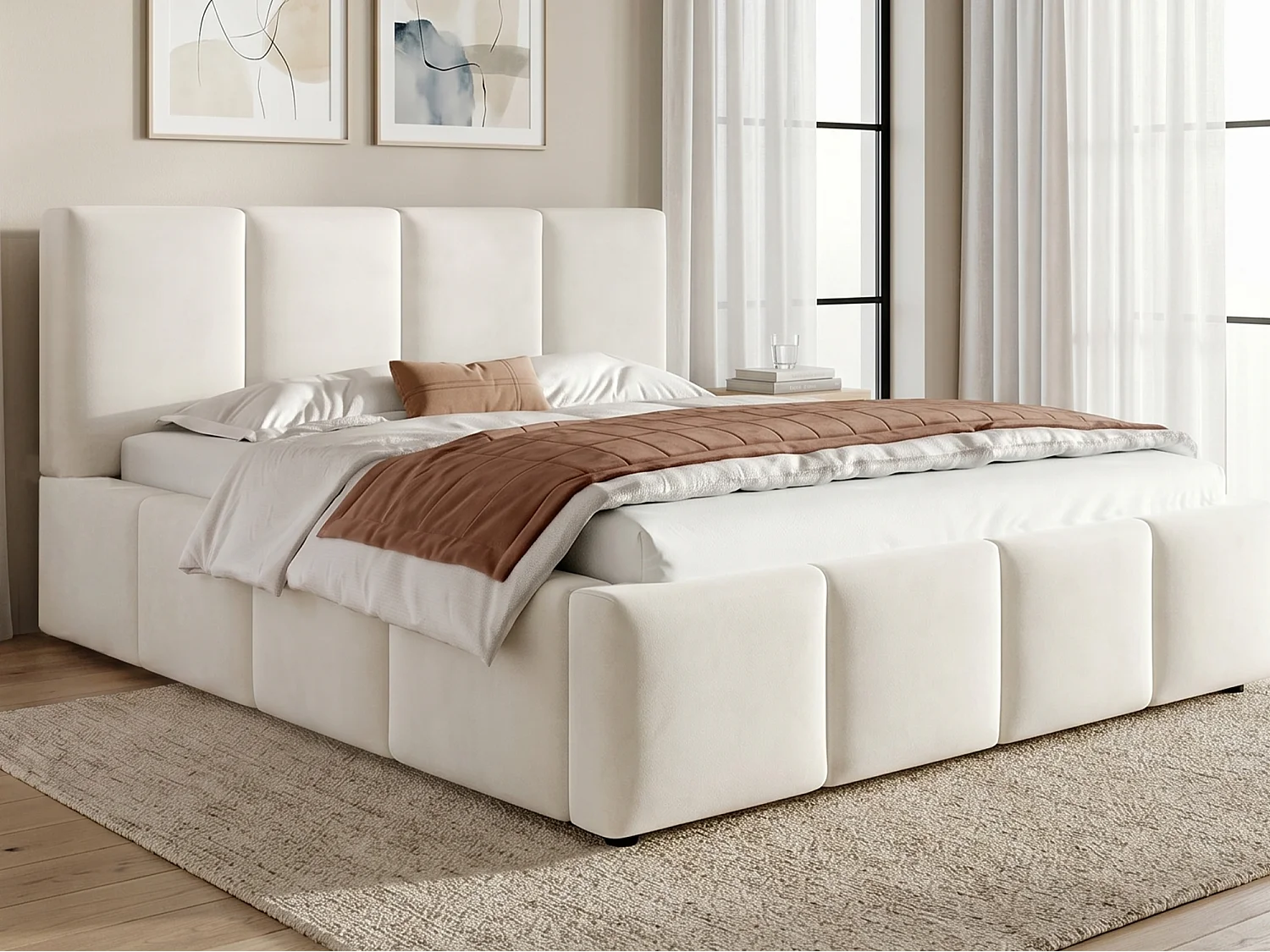 Gestoffeerd tweepersoonsbed 160x200 cm - met lattenbodem - chenillestof - beige (matras niet inbegrepen)