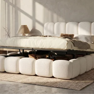 Gestoffeerd tweepersoons opbergbed 180×200 cm – met lattenbodem – bouclé stof – wit (matras niet inbegrepen)
