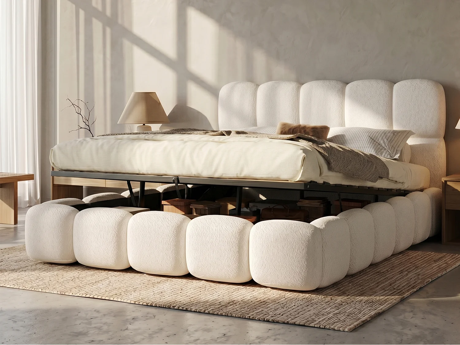 Gestoffeerd tweepersoons opbergbed 180x200 cm - met lattenbodem - bouclé stof - wit (matras niet inbegrepen)