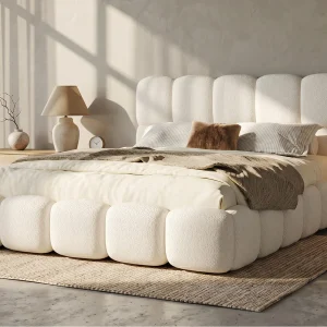 Gestoffeerd tweepersoons opbergbed 160×200 cm – met lattenbodem – bouclé stof – wit (matras niet inbegrepen)