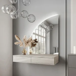 Hangende kaptafel met spiegel en ledverlichting met 2 lades, mat beige – JINEZA Hangende kaptafel met spiegel en ledverlichting met 2 lades, mat beige – JINEZA