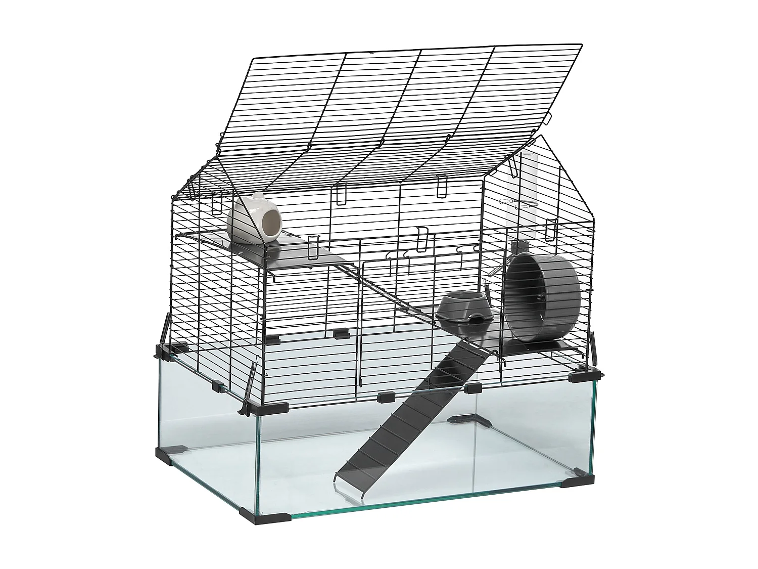 Knaagdierenkooi Hamster, SucceBuy Hamsterkooi, Transparant Habitat, 58.9 x 38.1 x 54.9 cm, Geventileerde Kooi voor Kleine Dieren met Fles