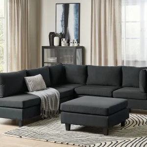 Modulaire hoekbank UNSTAD Stof Zwart Met ottomaan 5-zitter Linkerzijde Modulaire hoekbank UNSTAD Stof Zwart Met ottomaan 5-zitter Linkerzijde