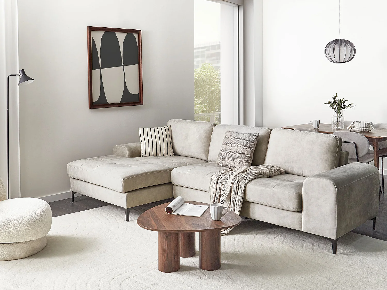 Hoekbank KIRUNA Fluweel Lichtbeige 4-zitter Rechterzijde